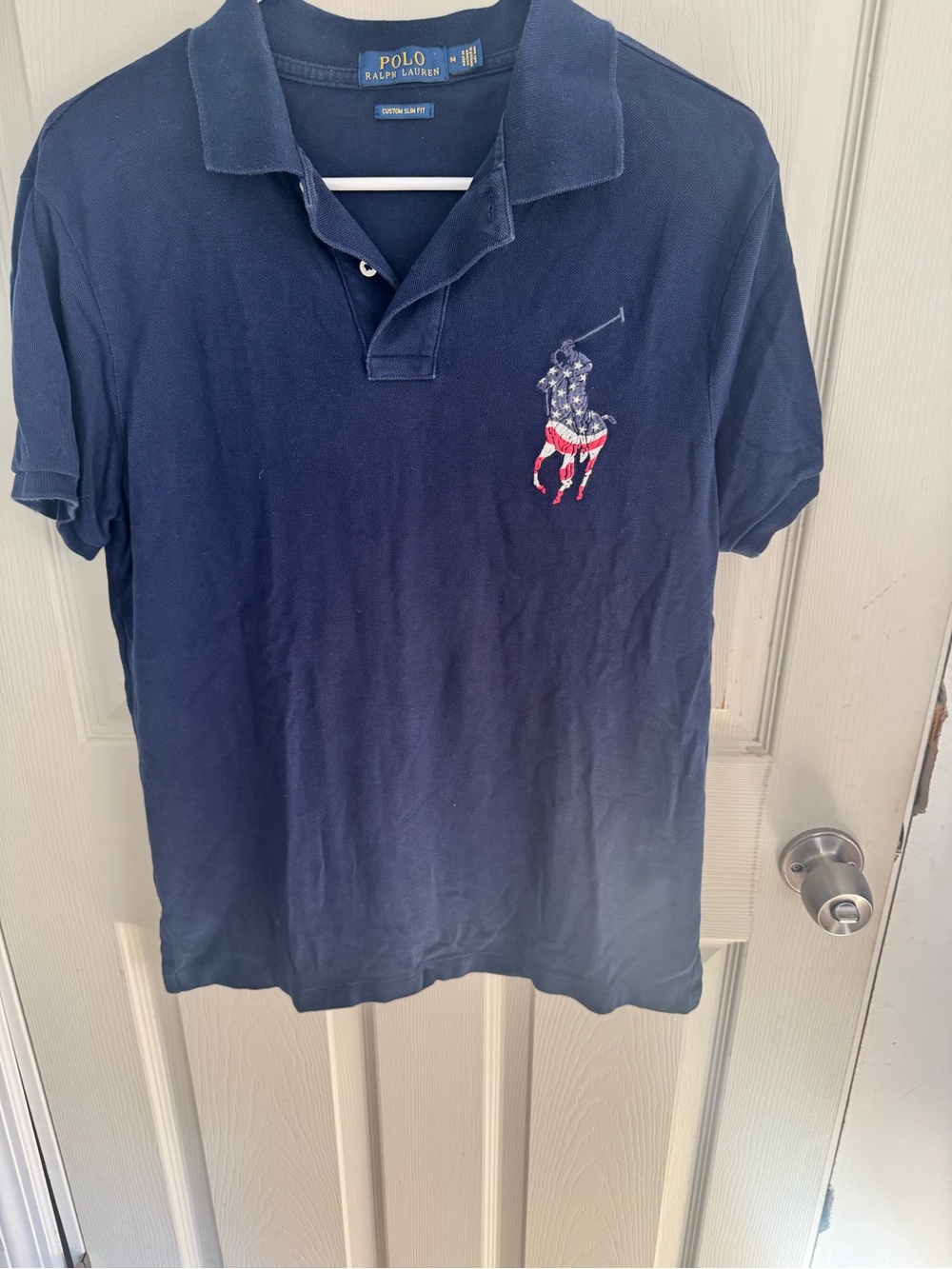Polo Ralph Lauren Polo Shirt Mens Medium Blue Custom Slim Fit USA Flag Big Pony - Picture 6 of 8